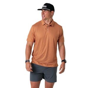 NWT BURLEBO Men’s Texas Performance Short-Sleeve Polo in Orange/White Size L